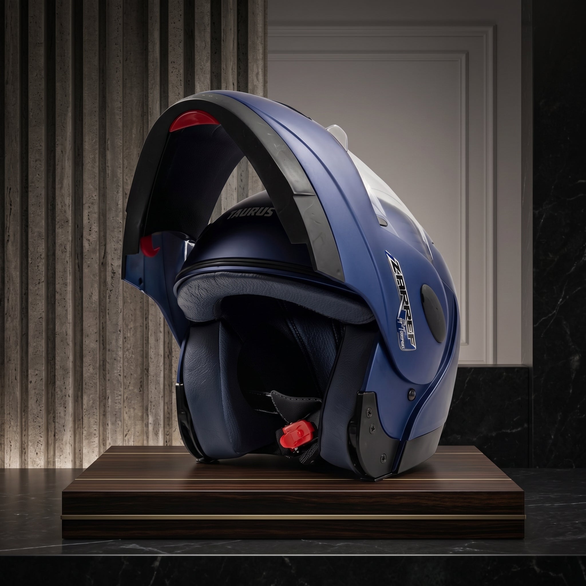 Capacete Taurus Zarref Azul Escamoteável - sistema flip-up aberto