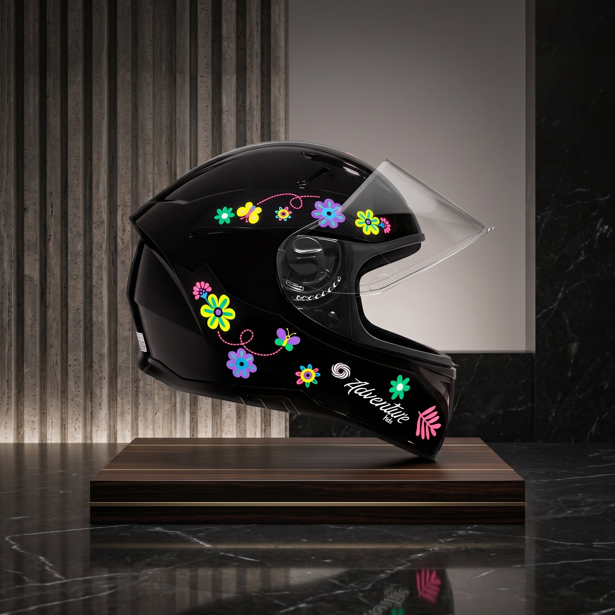 Capacete EBF Kids Adventure Primavera - lateral com decalques de flores e borboletas multicoloridas