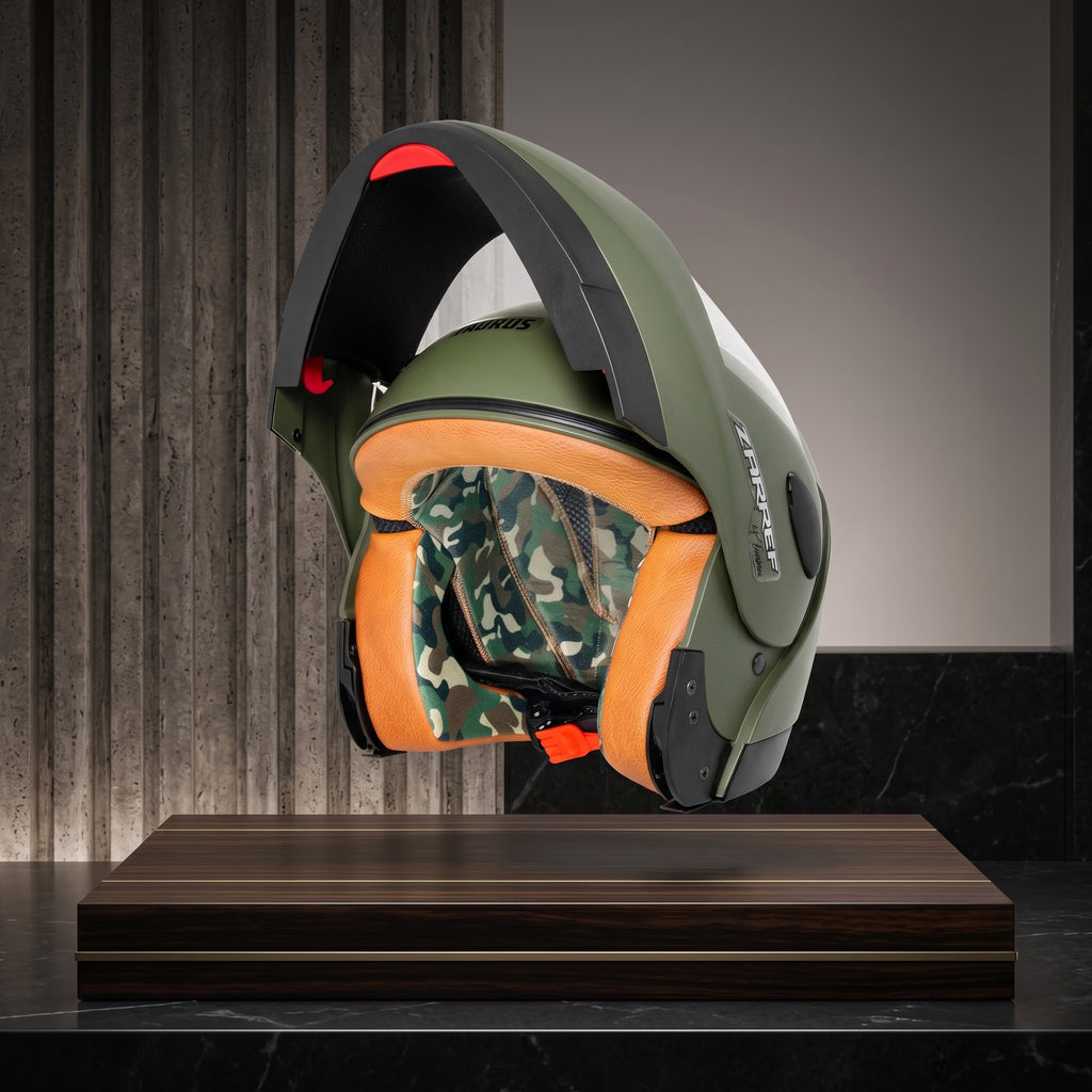 Capacete Taurus Zarref Verde Militar Escamoteável - sistema flip-up aberto com forração camuflada