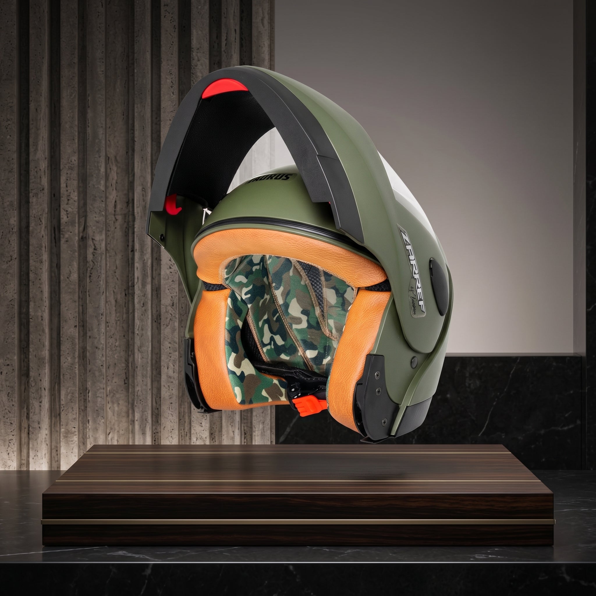 Capacete Taurus Zarref Verde Militar Escamoteável - sistema flip-up aberto com forração camuflada