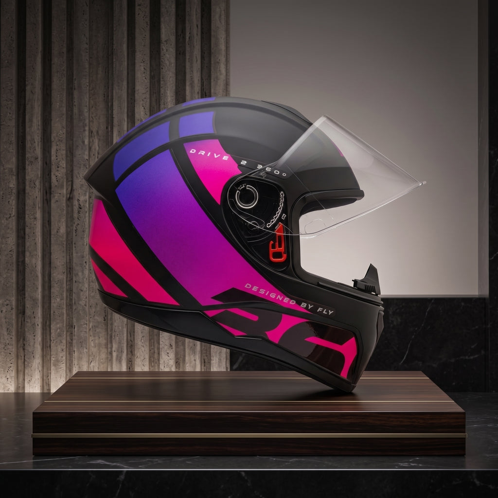 Capacete Fly Drive 2 HG 360 Preto/Rosa - Vista lateral em expositor