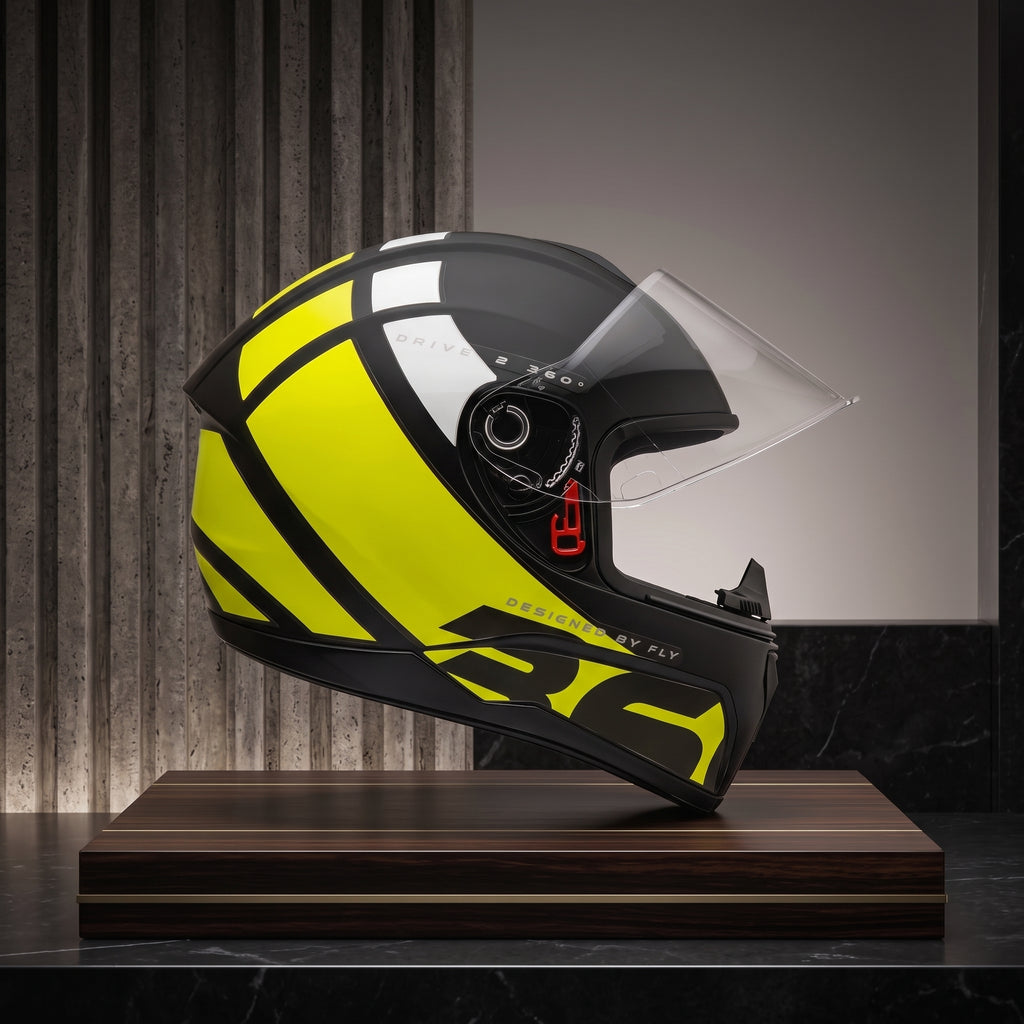 Capacete Fly Drive 2 HG 360 Preto/Amarelo - Vista lateral em expositor