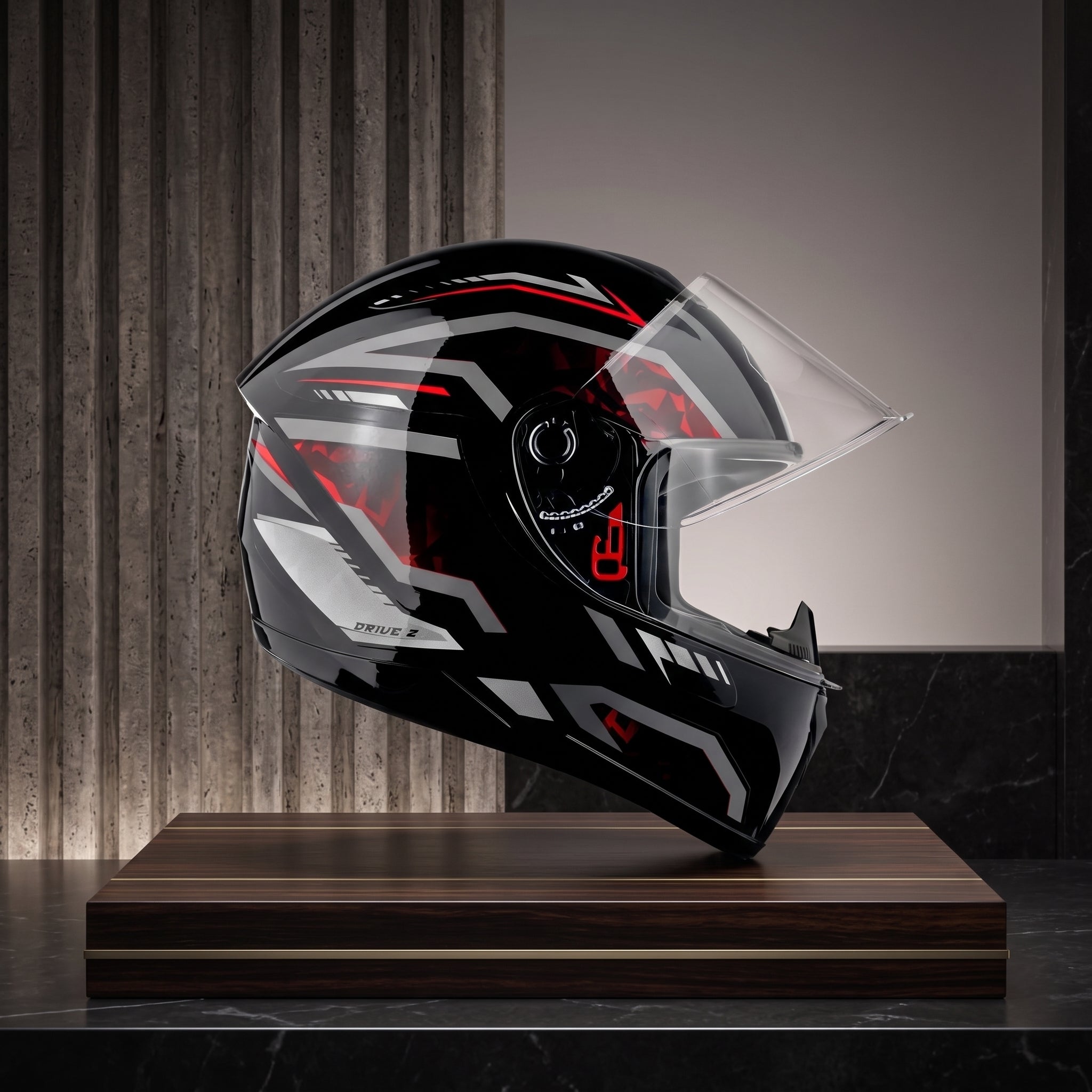Capacete Fly Drive 2 HG Pulse Preto/Vermelho - Vista lateral em expositor