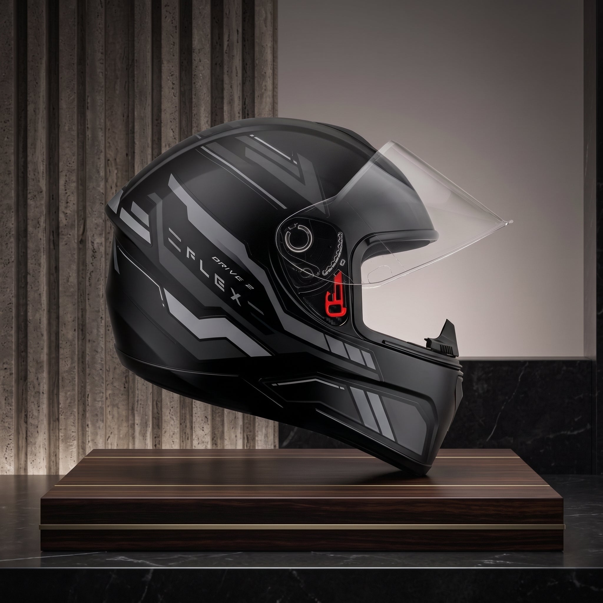 Capacete Fly Drive 2 HG Flex Preto Fosco Grafite - Vista lateral em expositor