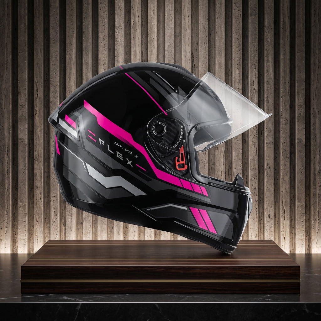 Capacete Fly Drive 2 HG Flex Preto/Rosa - Vista lateral em expositor