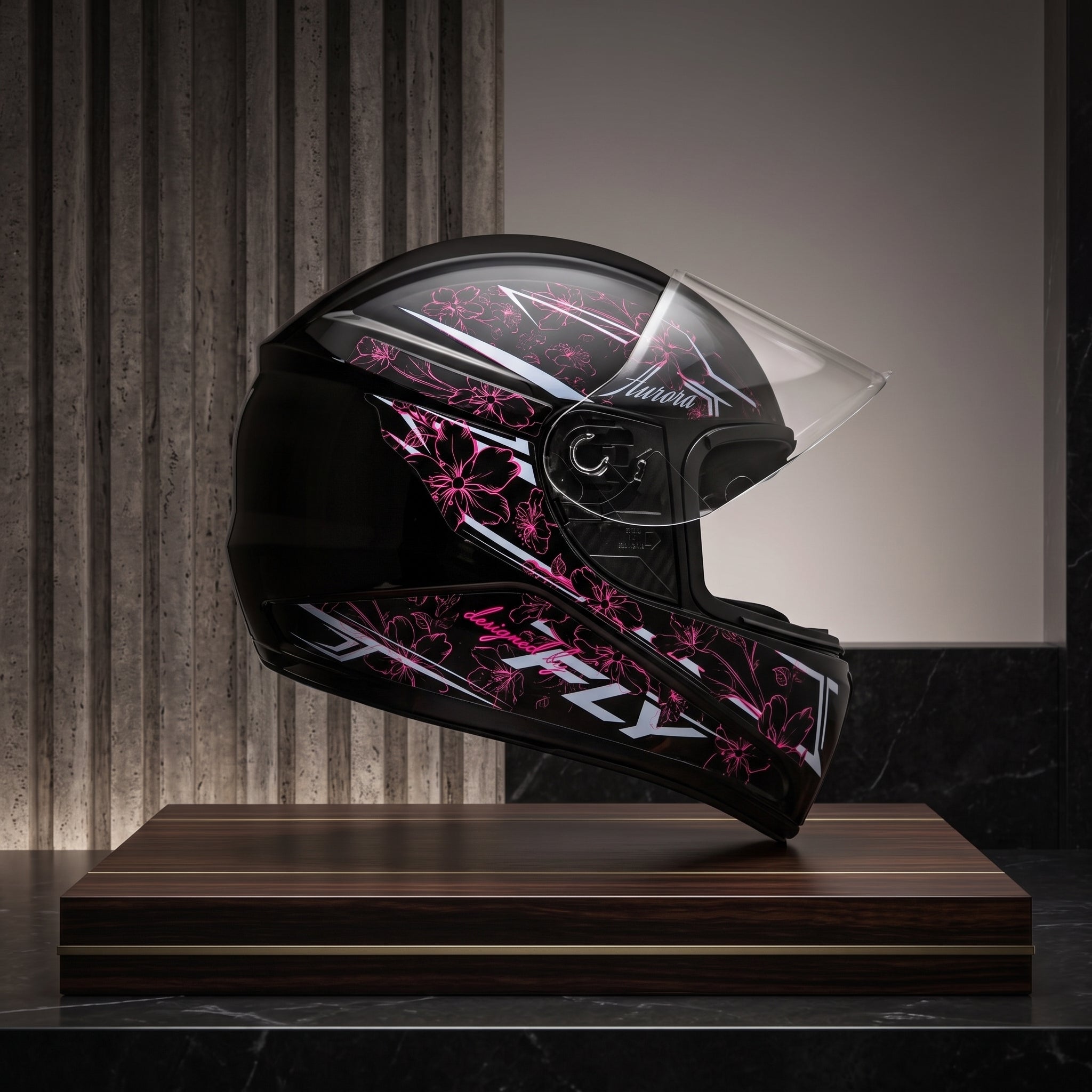 Capacete Fly F-9 Aurora Preto/Rosa - Vista lateral em expositor premium