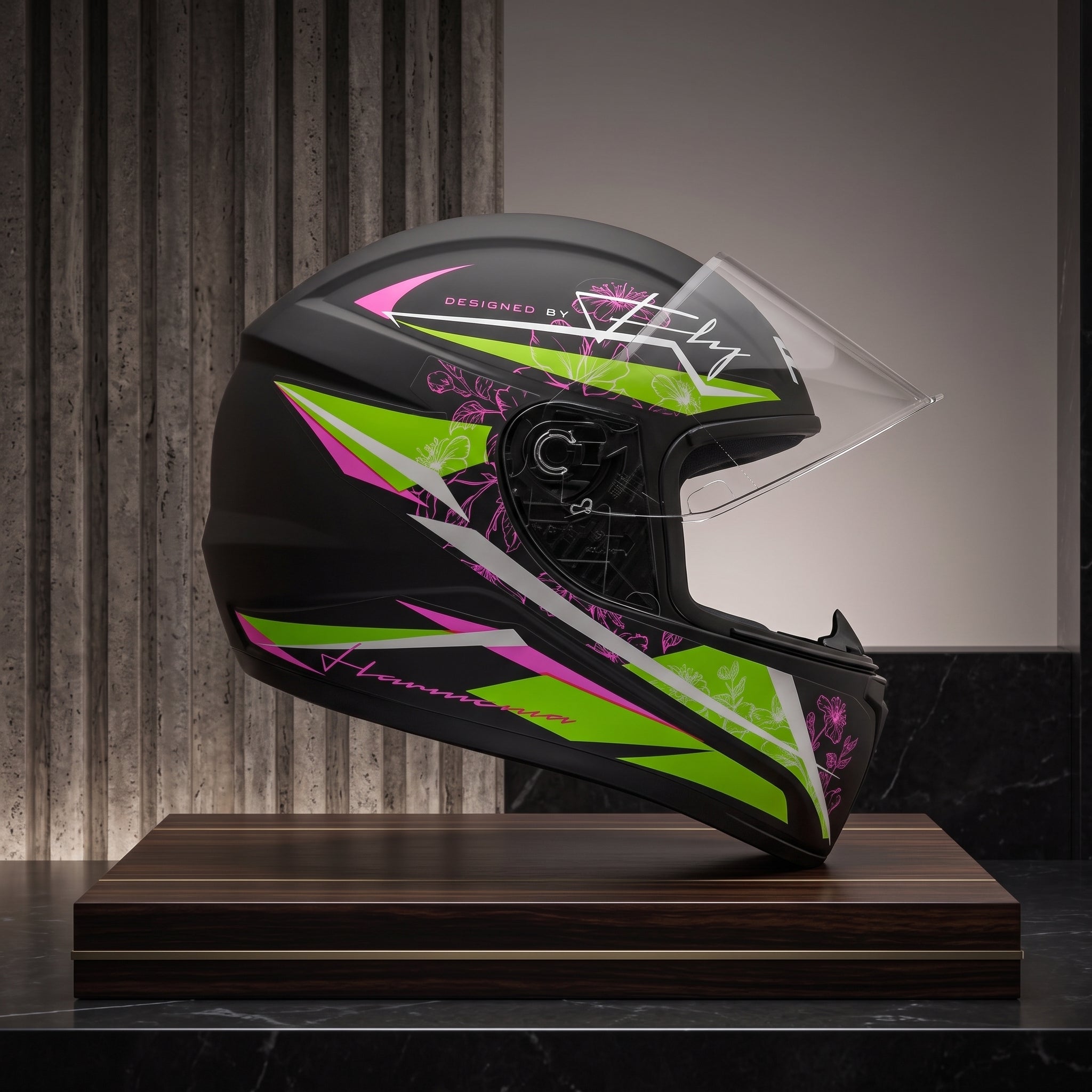 Capacete Fly F-9 Harmonia Preto Fosco/Limão - Vista lateral em expositor premium
