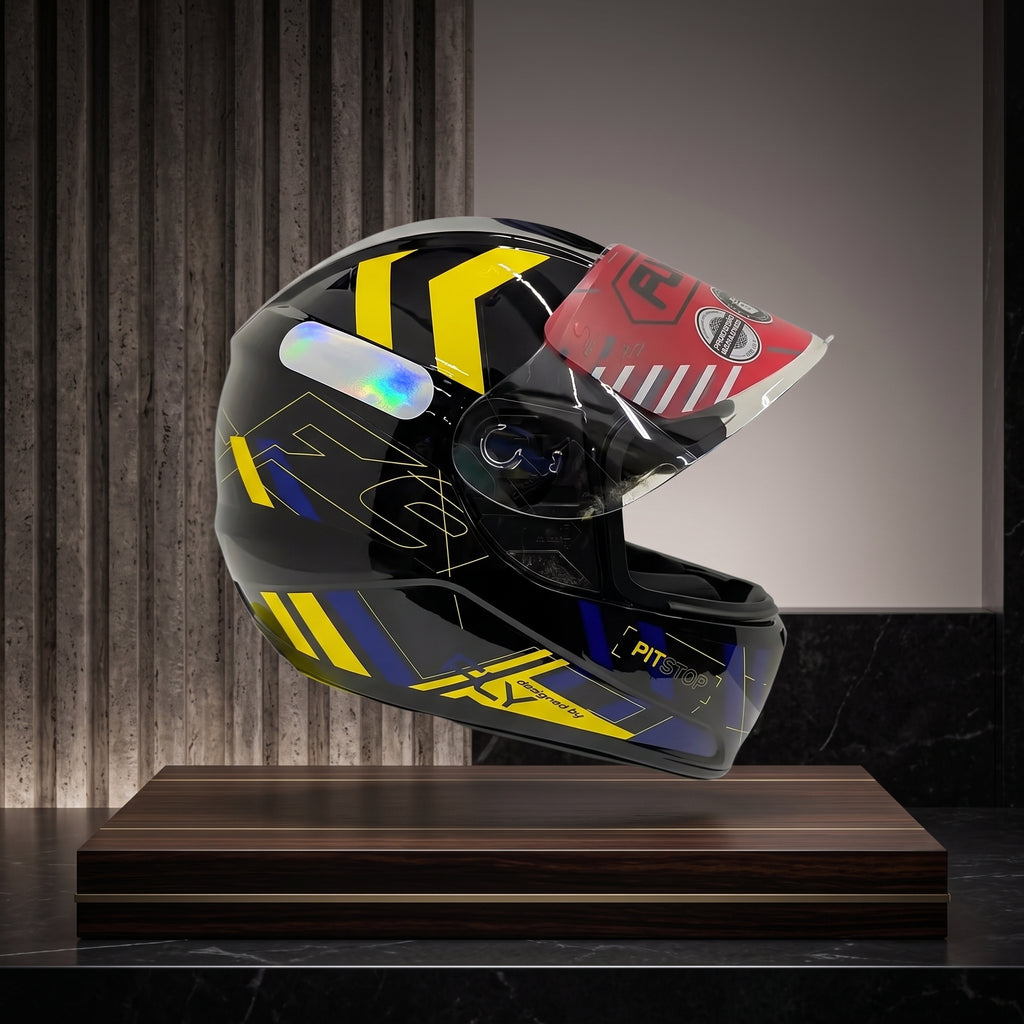 Capacete Fly F-9 Pitstop Preto/Amarelo - Vista lateral em expositor premium