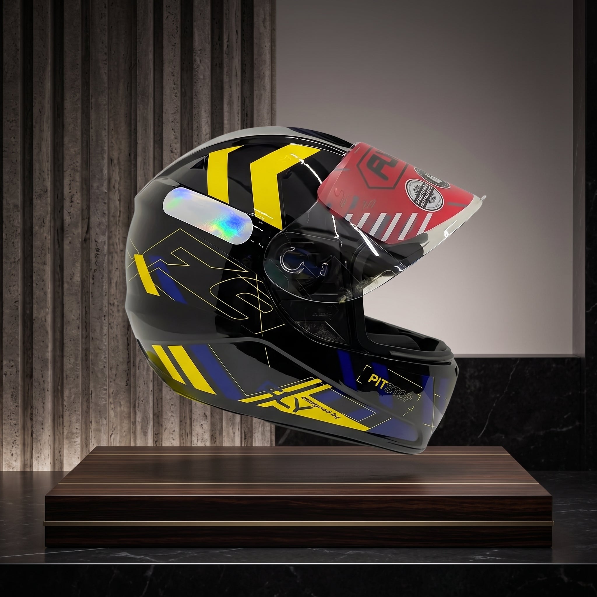 Capacete Fly F-9 Pitstop Preto/Amarelo - Vista lateral em expositor premium