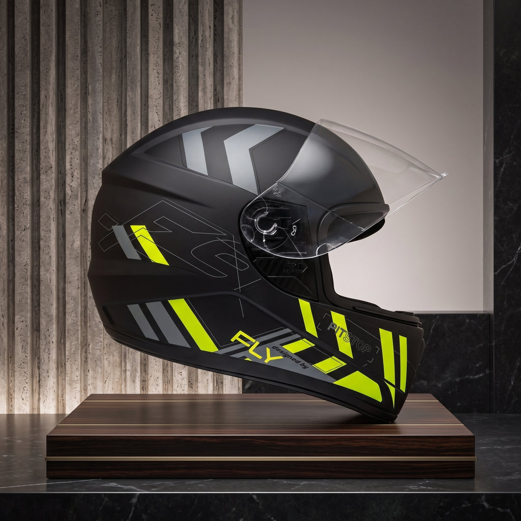 Capacete Fly F-9 Pitstop Preto Fosco Grafite - Vista lateral em expositor premium