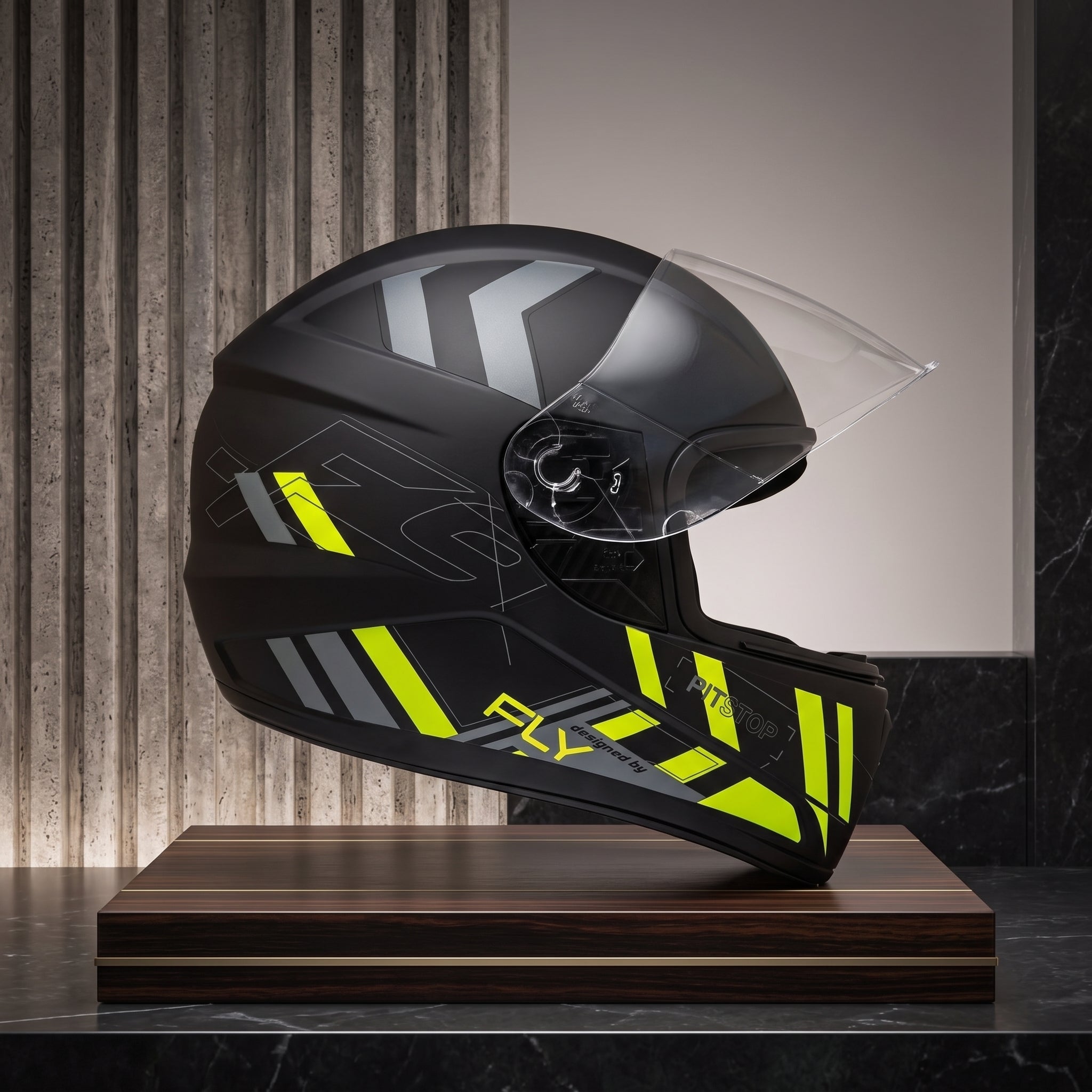 Capacete Fly F-9 Pitstop Preto Fosco Grafite - Vista lateral em expositor premium