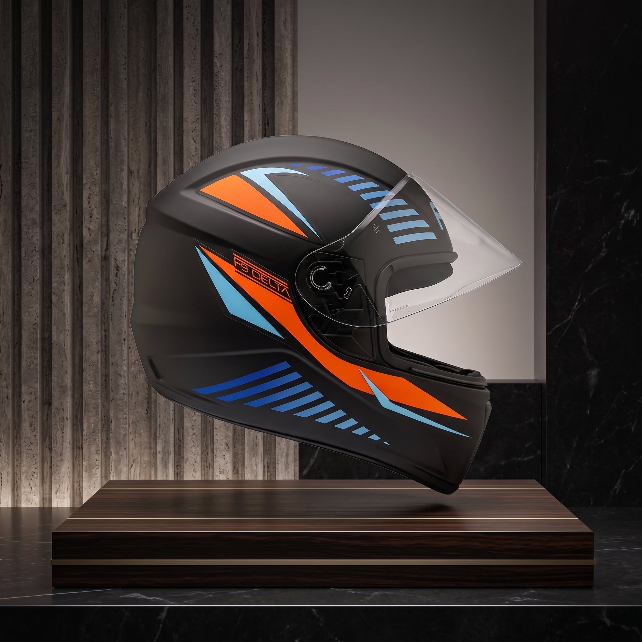 Capacete Fly F-9 Delta Preto Fosco Laranja - Vista lateral em expositor premium