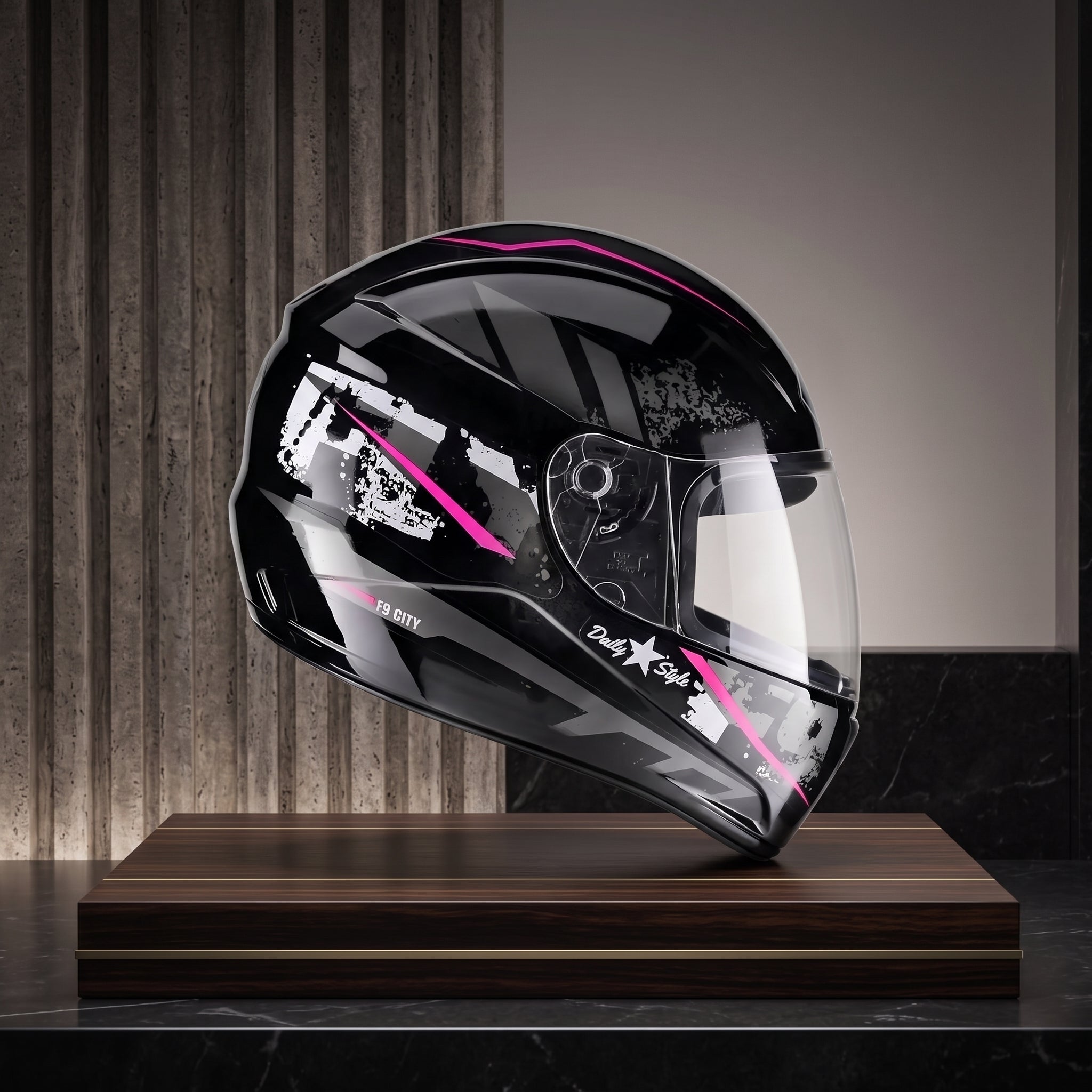 Capacete Fly F-9 City Preto/Rosa - Vista lateral em expositor premium