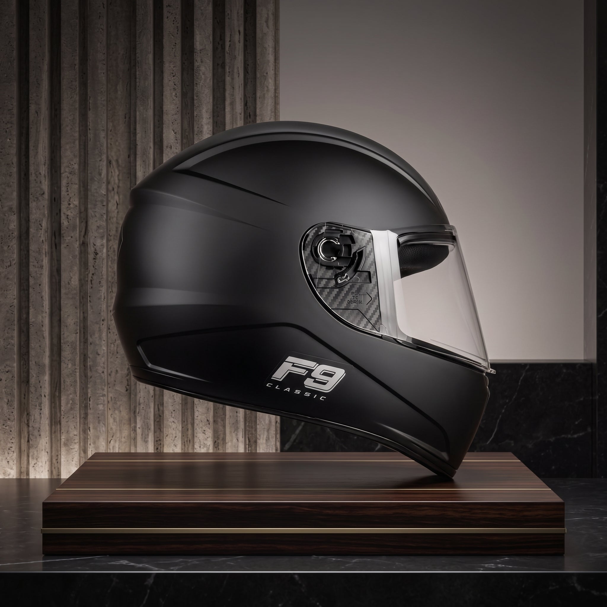 Capacete Fly F-9 Classic Preto Fosco - Vista lateral em expositor premium