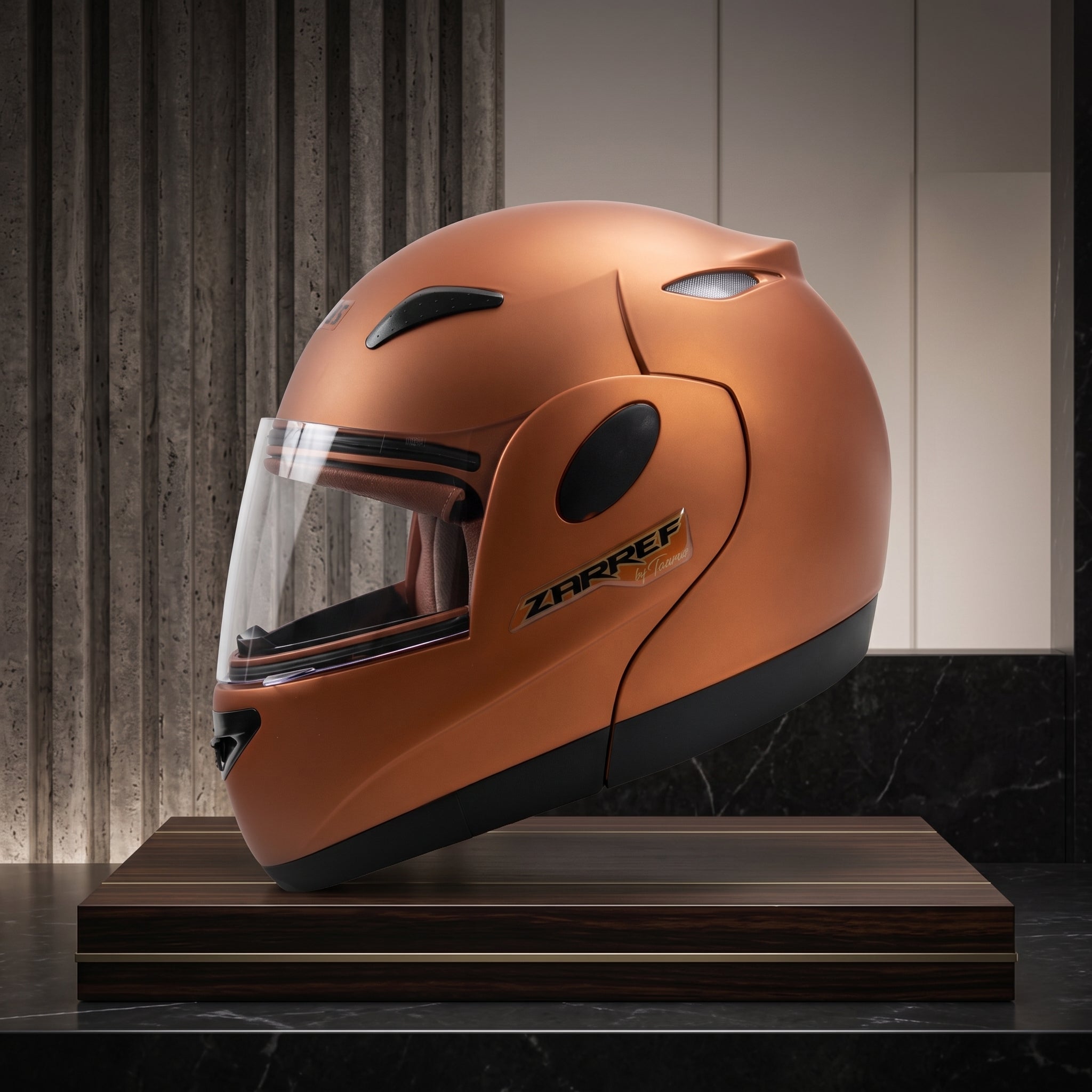 Capacete Taurus Zarref Laranja Escamoteável - exposição premium lateral