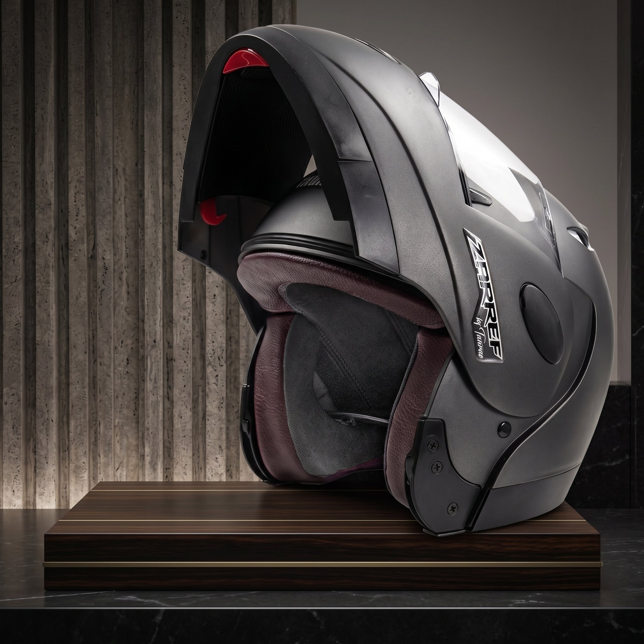 Capacete Taurus Zarref Cinza Fosco Escamoteável - sistema flip-up aberto