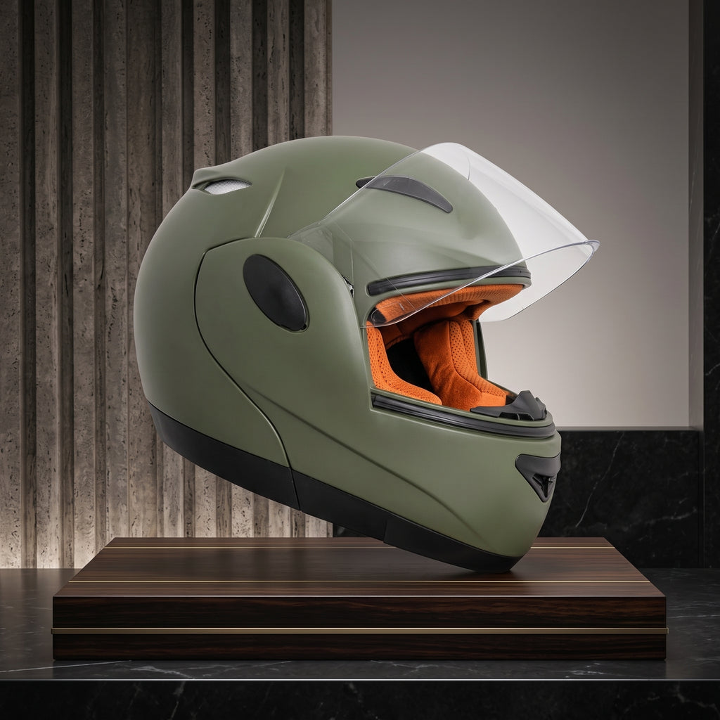 Capacete Taurus Zarref Verde Militar Escamoteável - lateral fechado com viseira