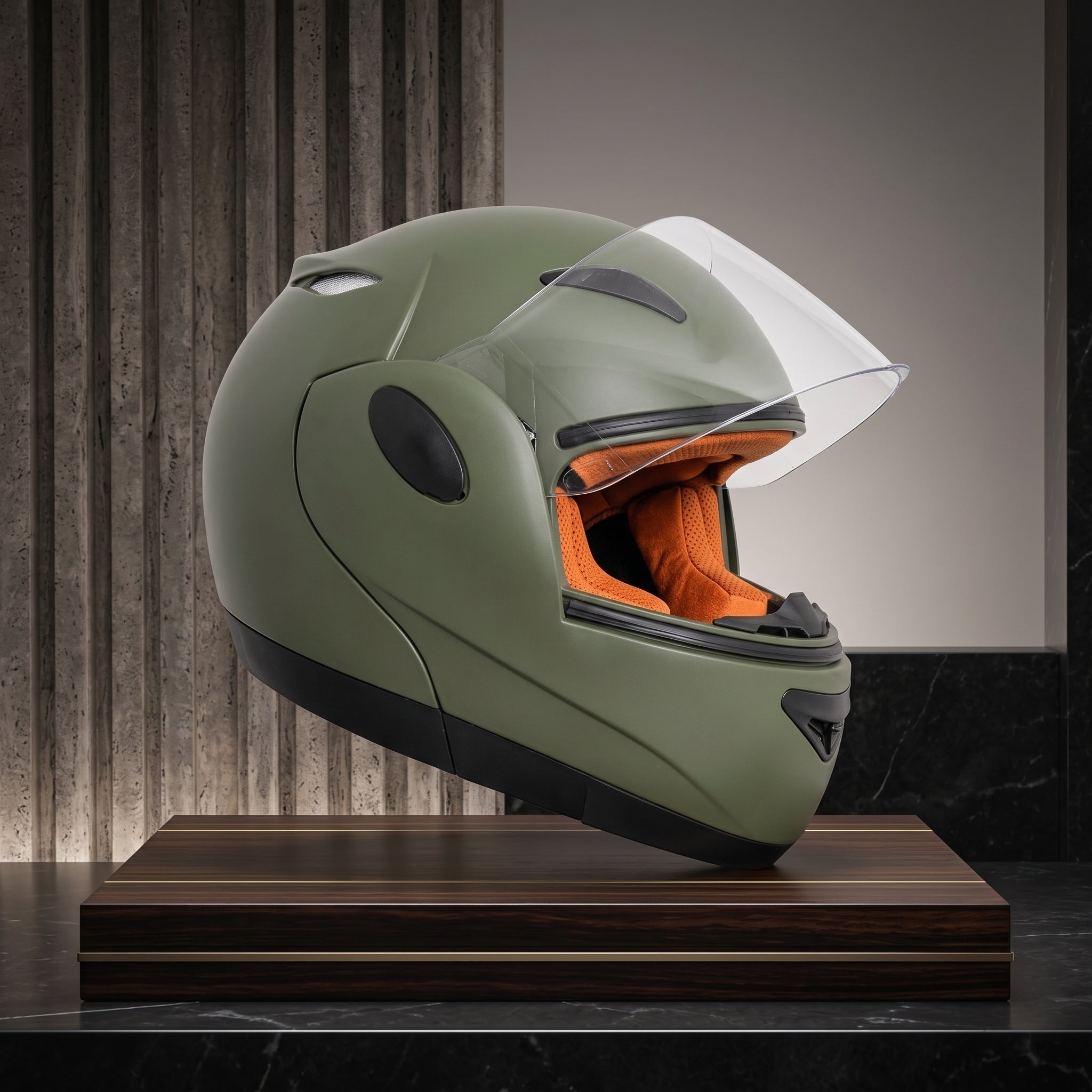 Capacete Taurus Zarref Verde Militar Escamoteável - lateral fechado com viseira