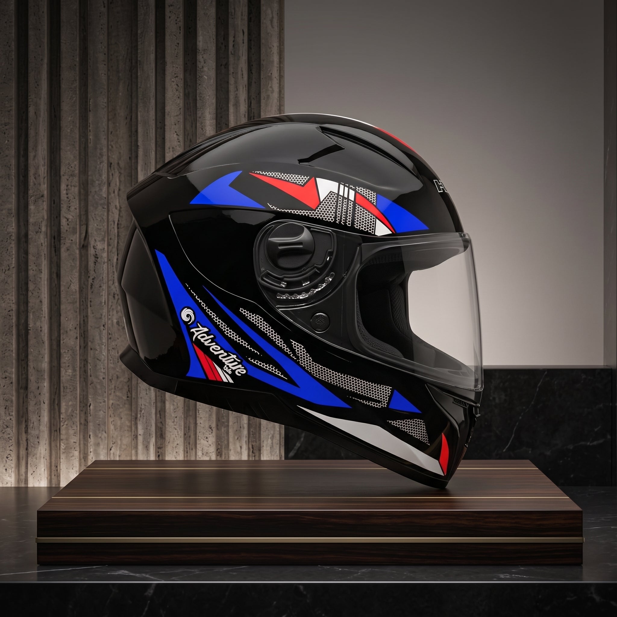 Capacete EBF Kids Adventure Preto/Azul - lateral com grafismo tricolor azul, vermelho e branco