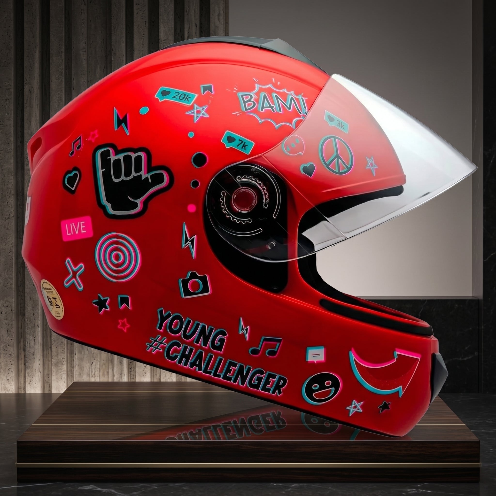 Capacete Fly Young Live Vermelho - exposição premium lateral com stickers neon