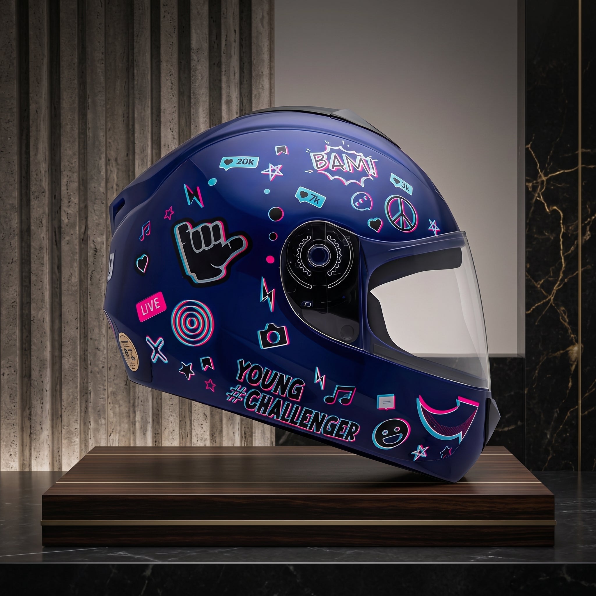 Capacete Fly Young Live Azul - exposição premium lateral com stickers neon