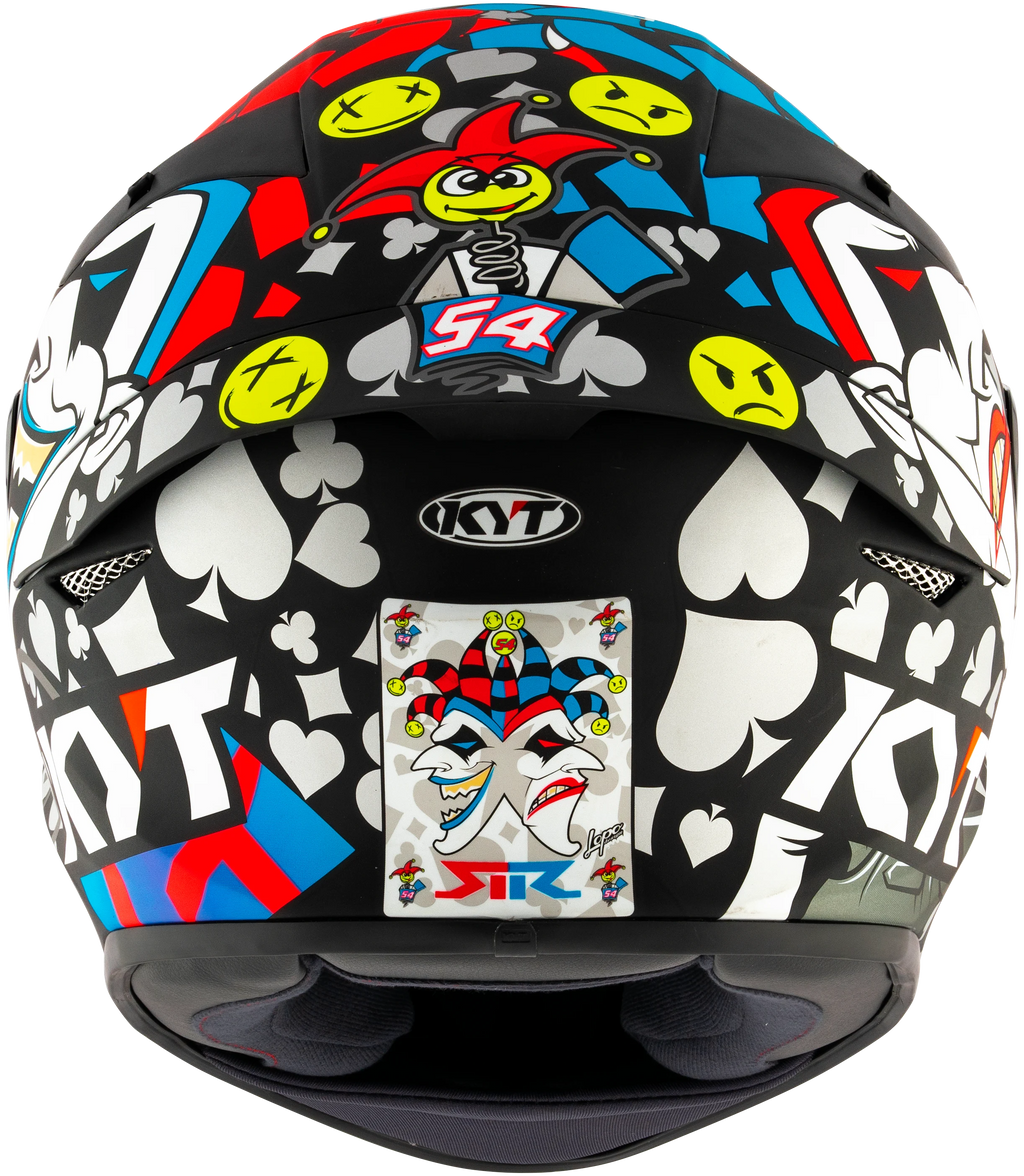 Capacete KYT TT-Course Ricardo Rossi - traseira com logo KYT e arte Joker