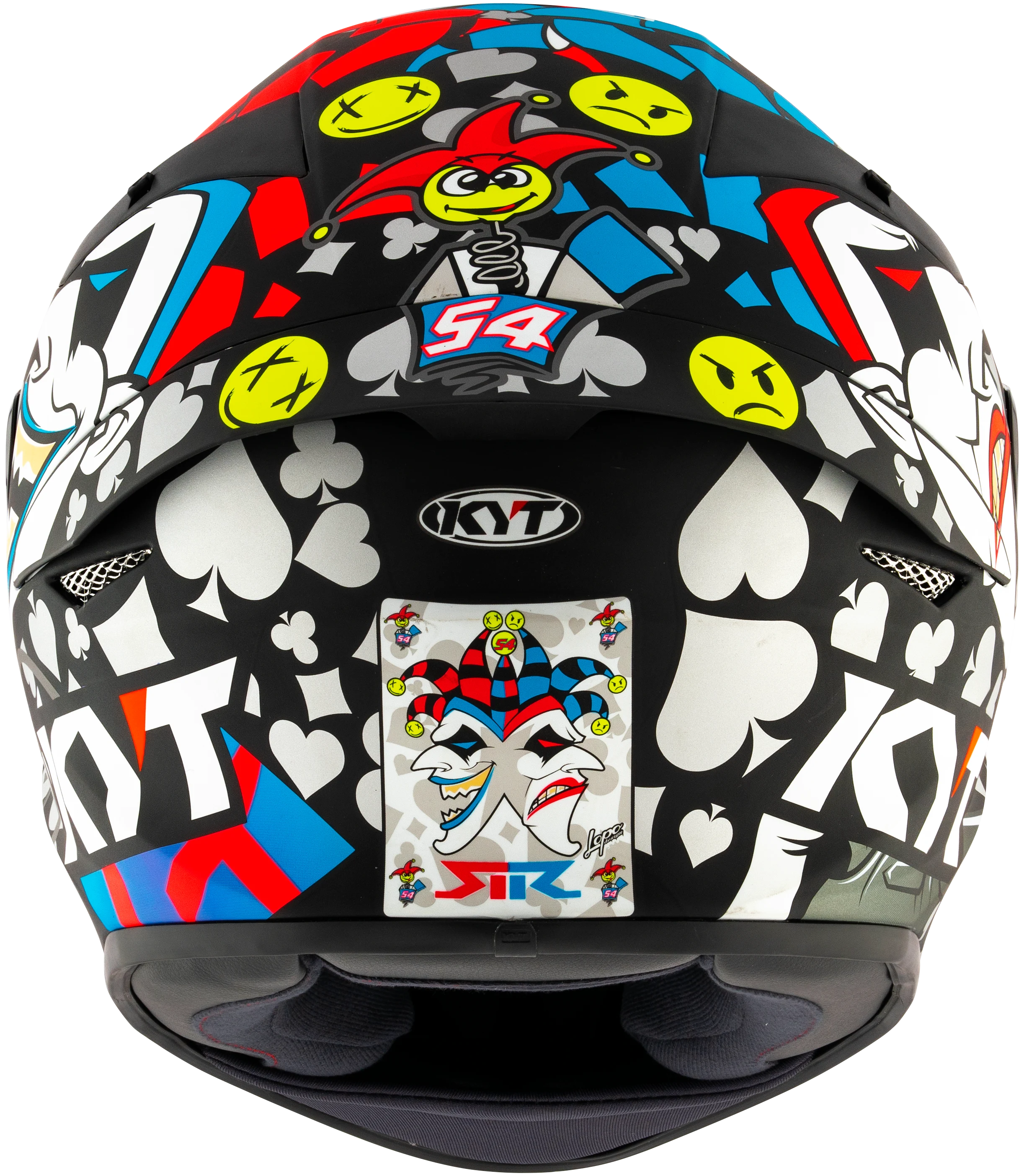 Capacete KYT TT-Course Ricardo Rossi - traseira com logo KYT e arte Joker