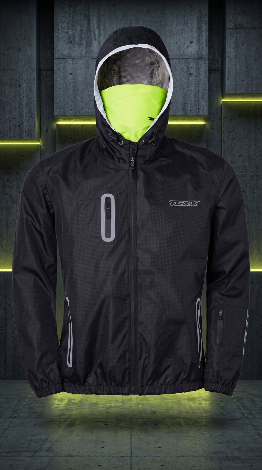 Jaqueta Texx Corta Vento Neon v2 - frontal com capuz e detalhes neon