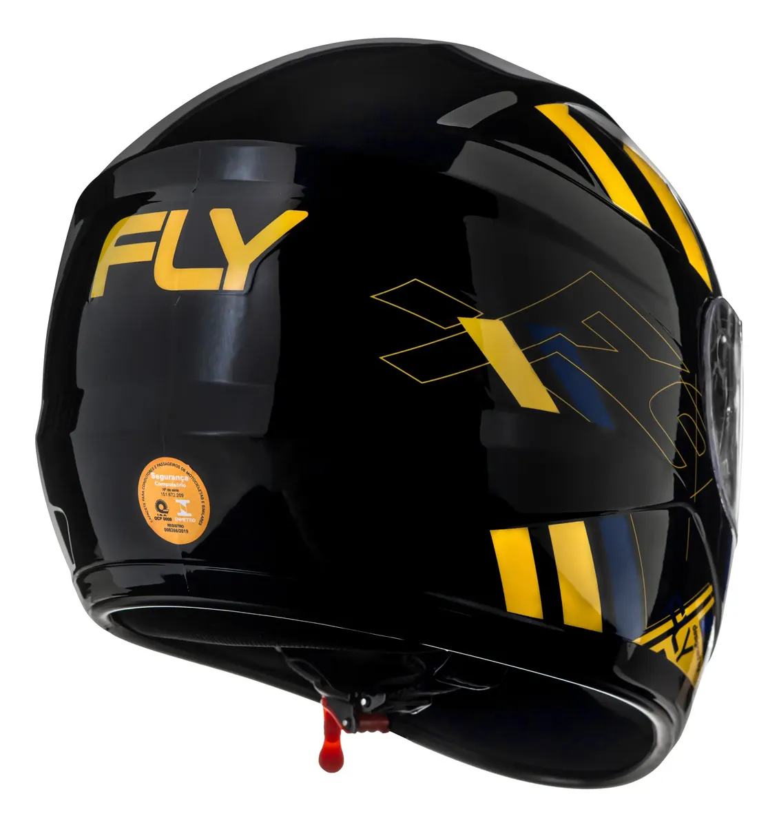 Capacete Fly F-9 Pitstop Preto/Amarelo - Vista traseira com logo FLY