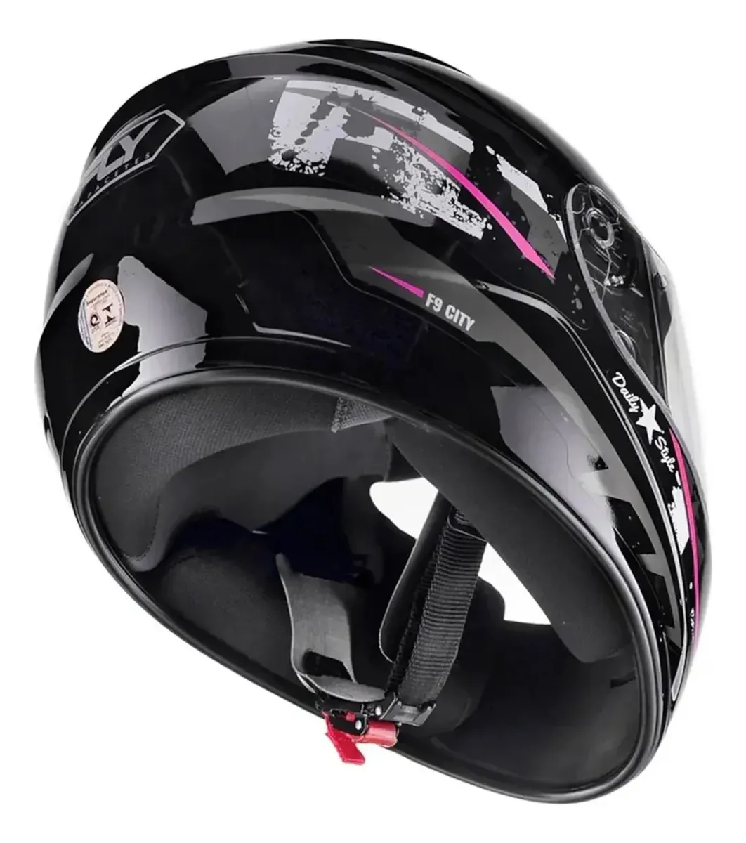 Capacete Fly F-9 City Preto/Rosa - Vista inferior mostrando interior e fecho