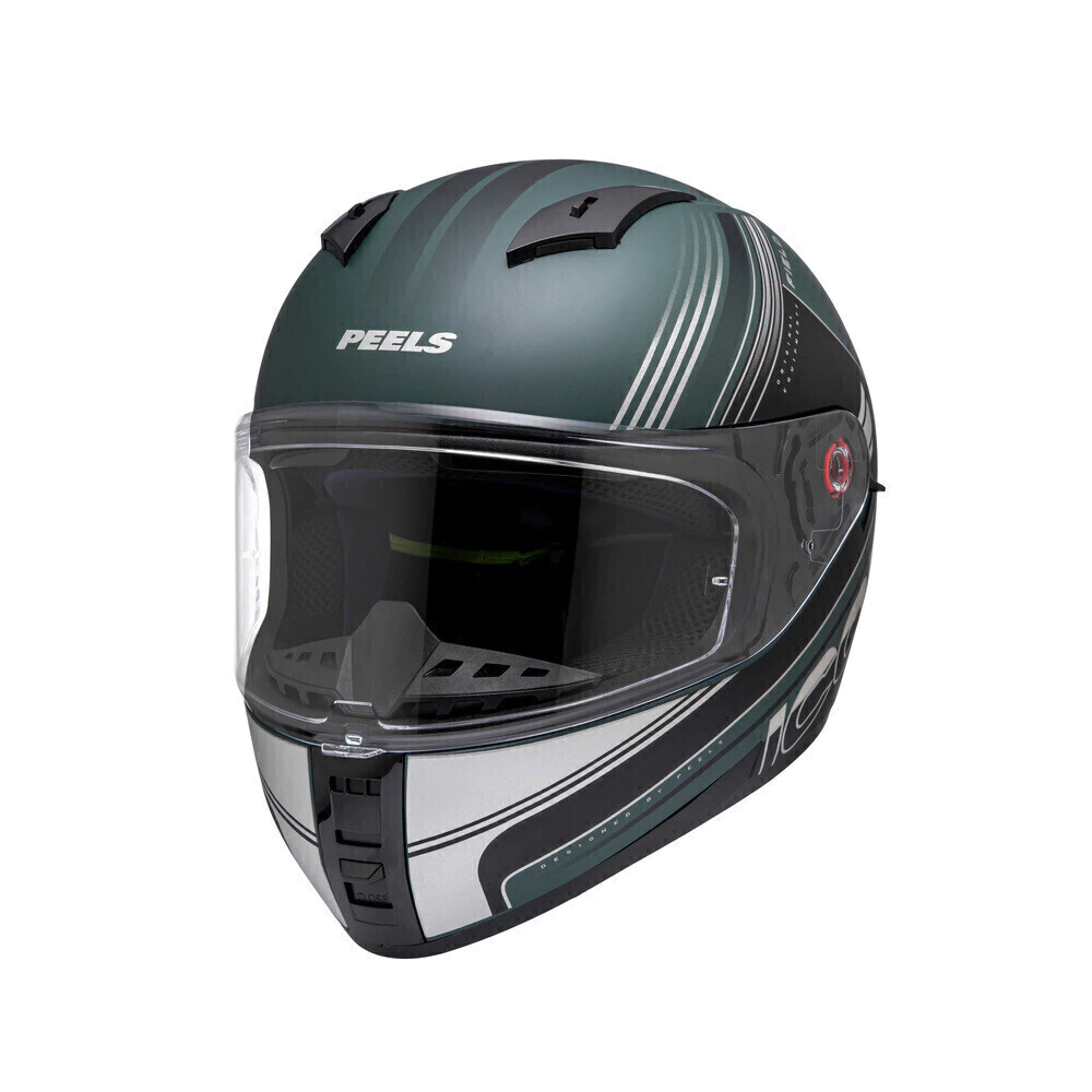 Capacete Peels Icon Pro Field Verde Militar Fosco Preto - Vista lateral com viseira fechada