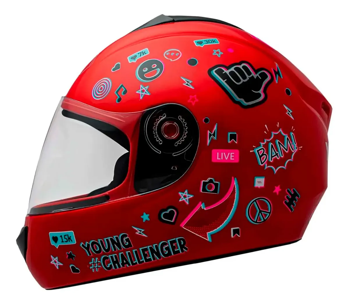 Capacete Fly Young Live Vermelho - lateral direita com stickers Young Challenger