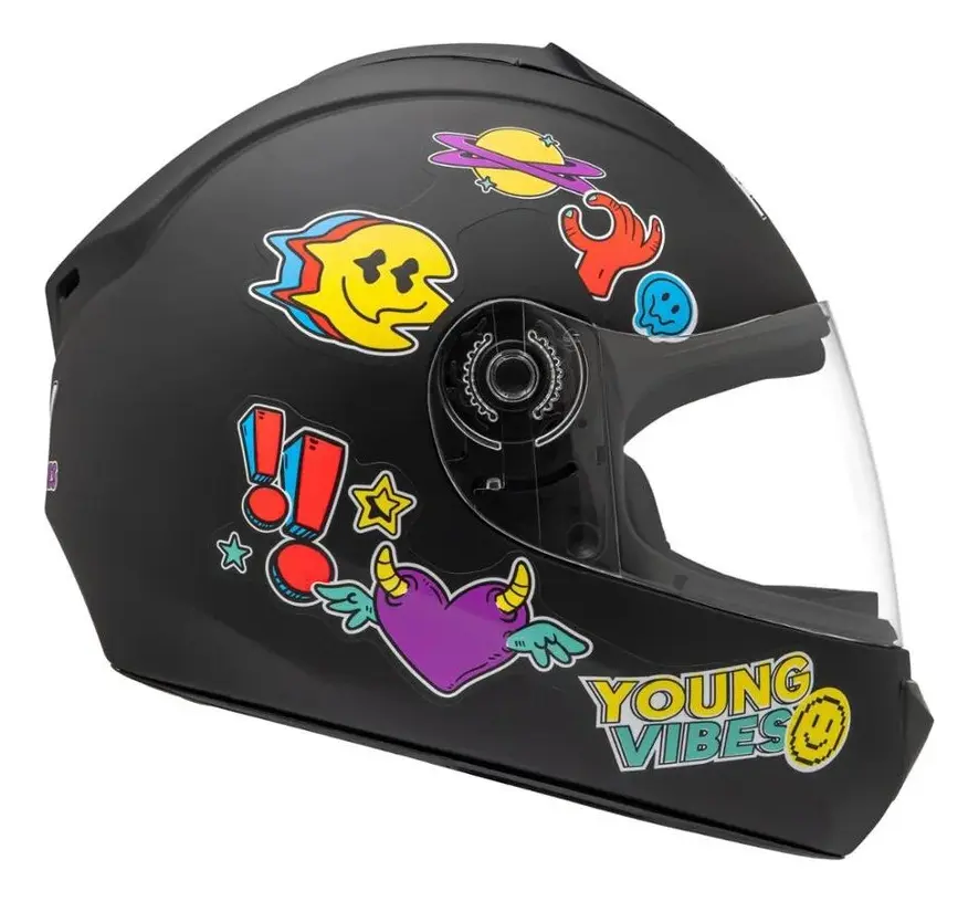 Capacete Fly Young Vibes Preto F/Color - lateral direita com stickers coloridos