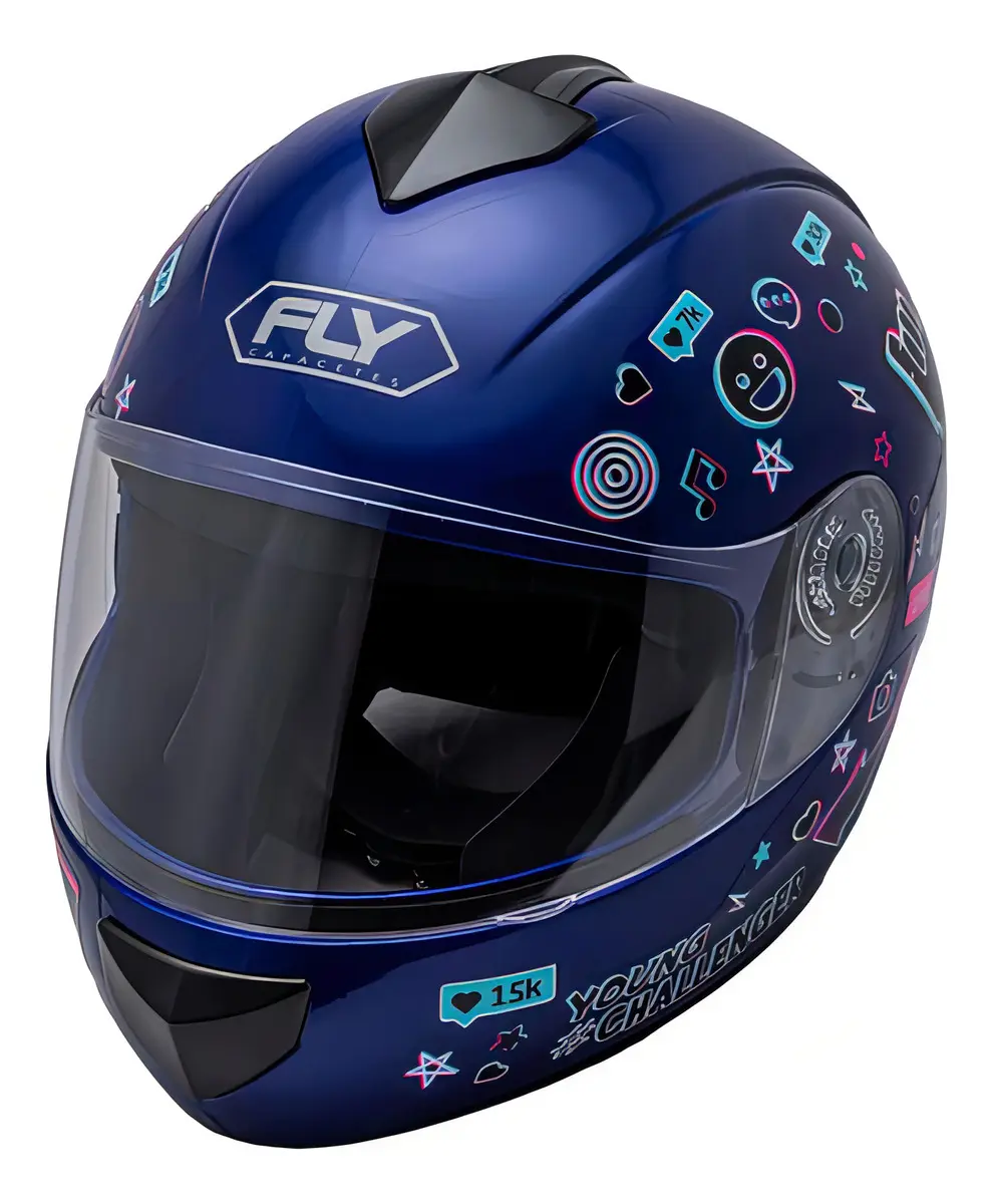 Capacete Fly Young Live Azul - frontal com logo FLY e stickers Young Challenger