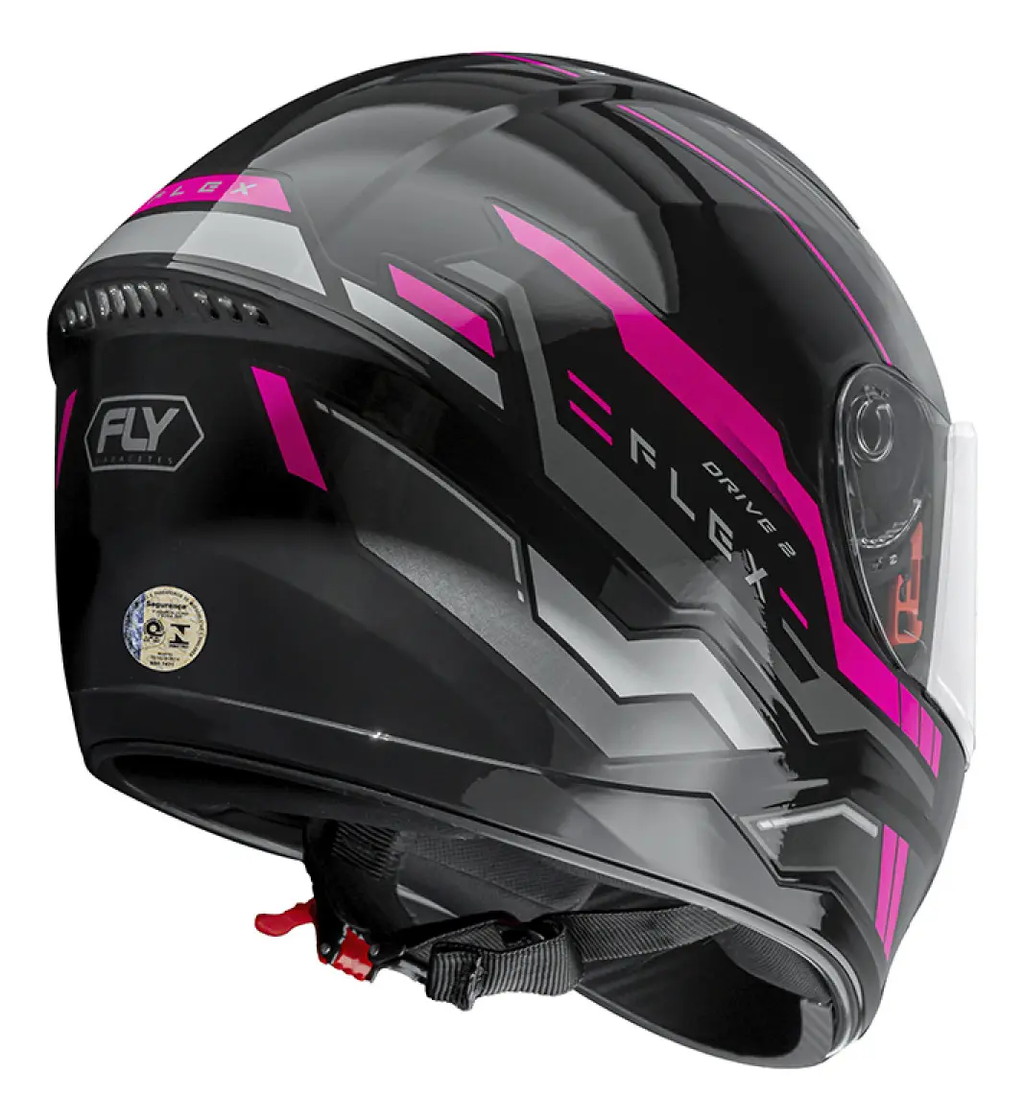 Capacete Fly Drive 2 HG Flex Preto/Rosa - Vista traseira com logo FLY
