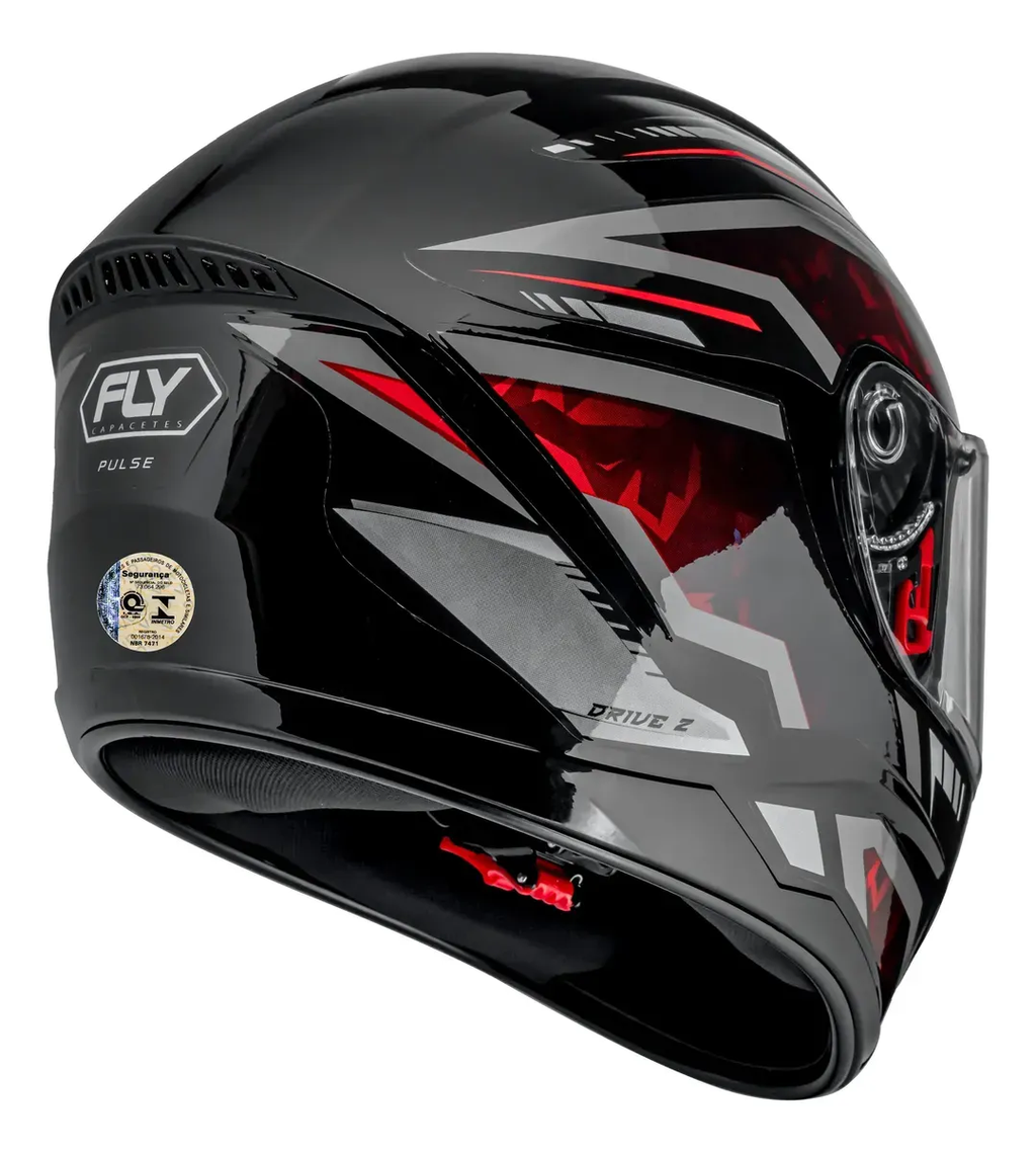 Capacete Fly Drive 2 HG Pulse Preto/Vermelho - Vista traseira com logo FLY