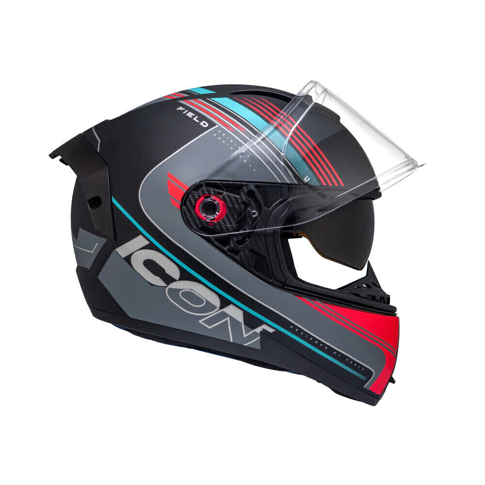 Capacete Peels Icon Pro Field Preto Fosco Ciano - Vista lateral com viseira fechada