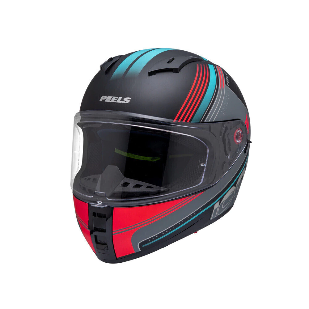 Capacete Peels Icon Pro Field Preto Fosco Ciano - Vista lateral com viseira aberta