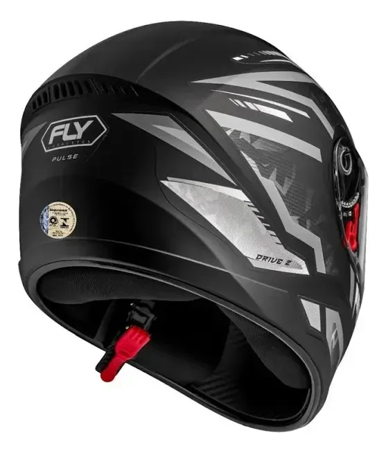 Capacete Fly Drive 2 HG Pulse Preto Fosco Grafite - Vista traseira com logo FLY