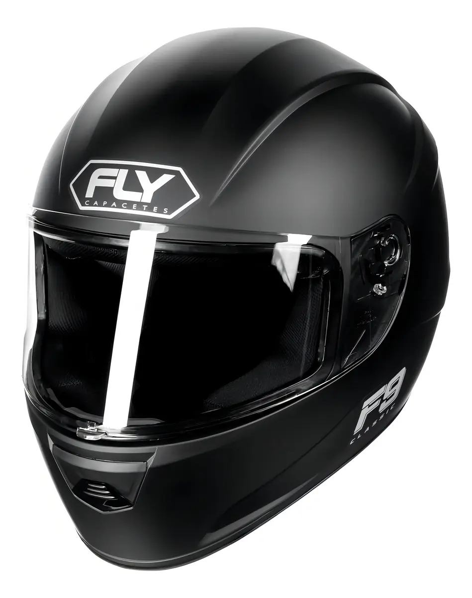 Capacete Fly F-9 Classic Preto Fosco - Vista frontal com logo FLY