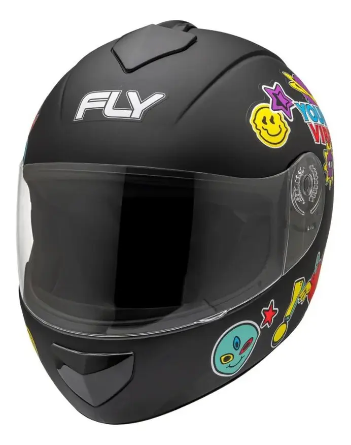 Capacete Fly Young Vibes Preto F/Color - frontal com viseira fumê