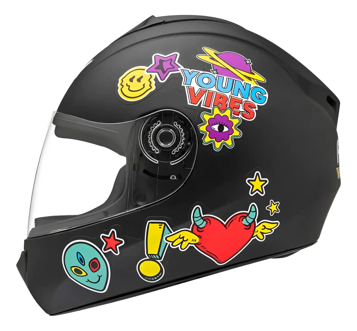 Capacete Fly Young Vibes Preto F/Color - lateral esquerda com stickers Young Vibes