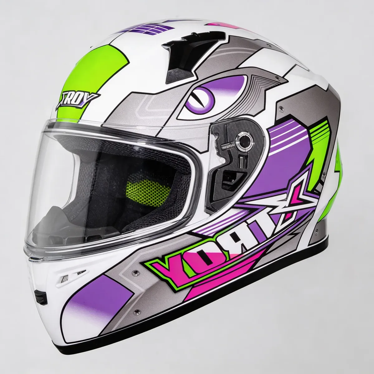 Capacete Xtroy FF526 Thanos Branco/Roxo - Vista frontal lateral 2