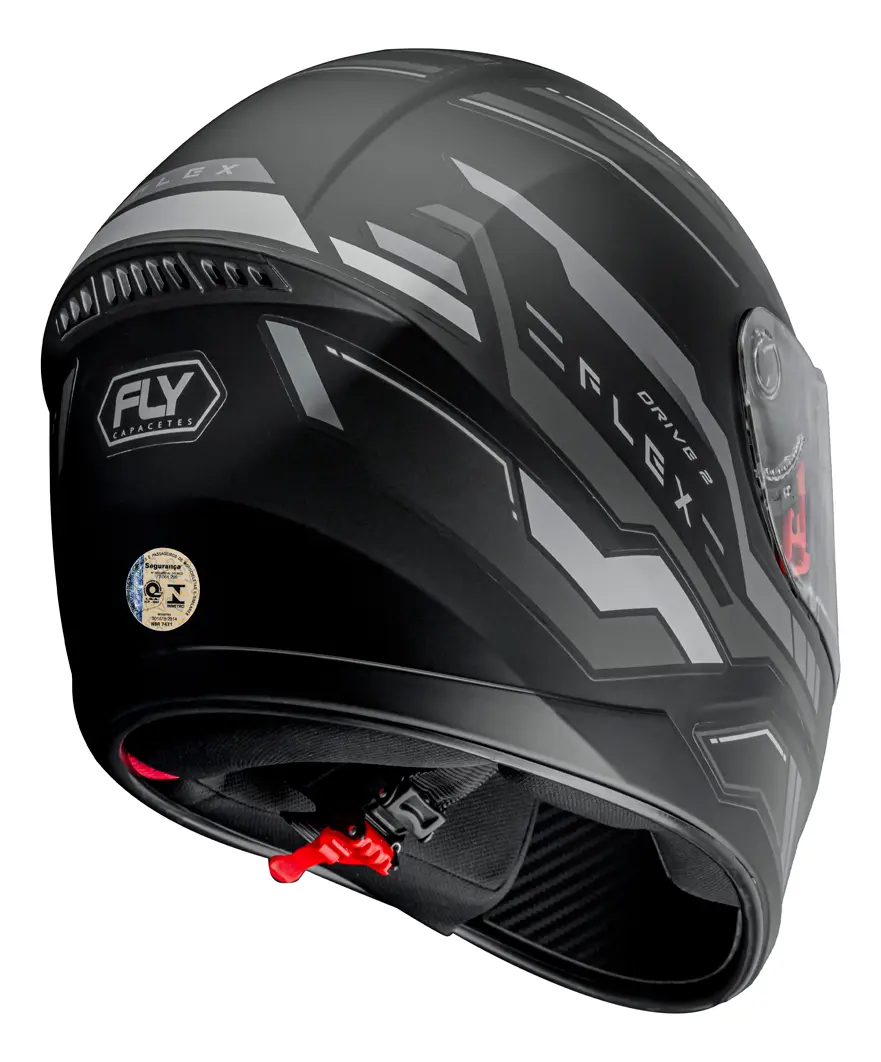Capacete Fly Drive 2 HG Flex Preto Fosco Grafite - Vista traseira com logo FLY