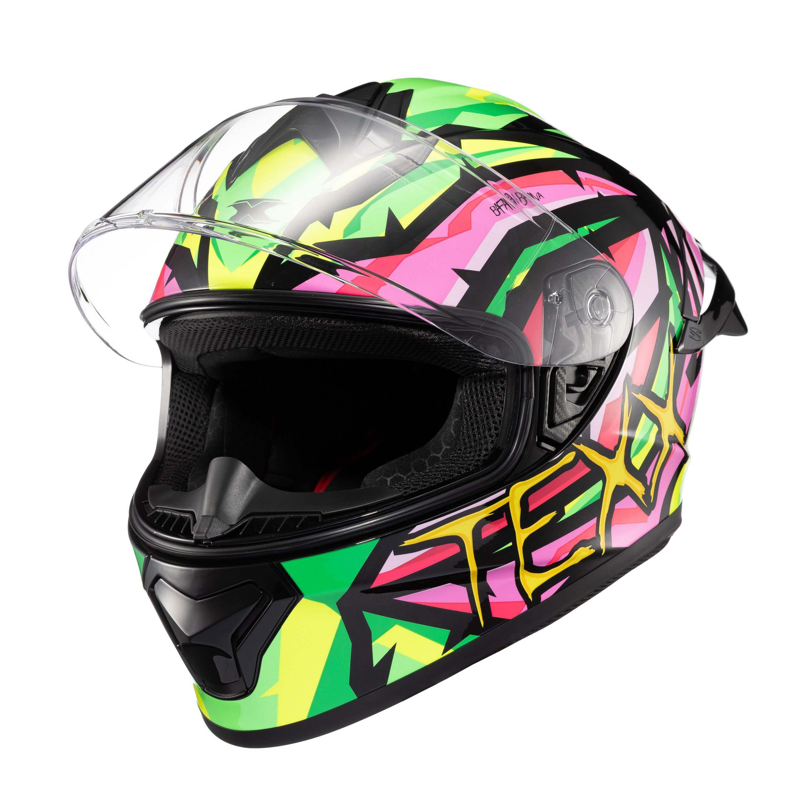 Capacete TEXX Spihe Maasai Verde/Rosa - Vista lateral com viseira aberta