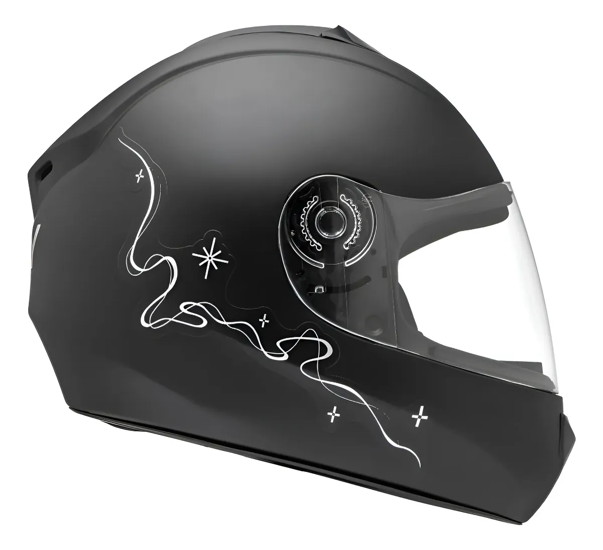 Capacete Fly Young Belle Preto Fosco - lateral esquerda com grafismo espiral branco