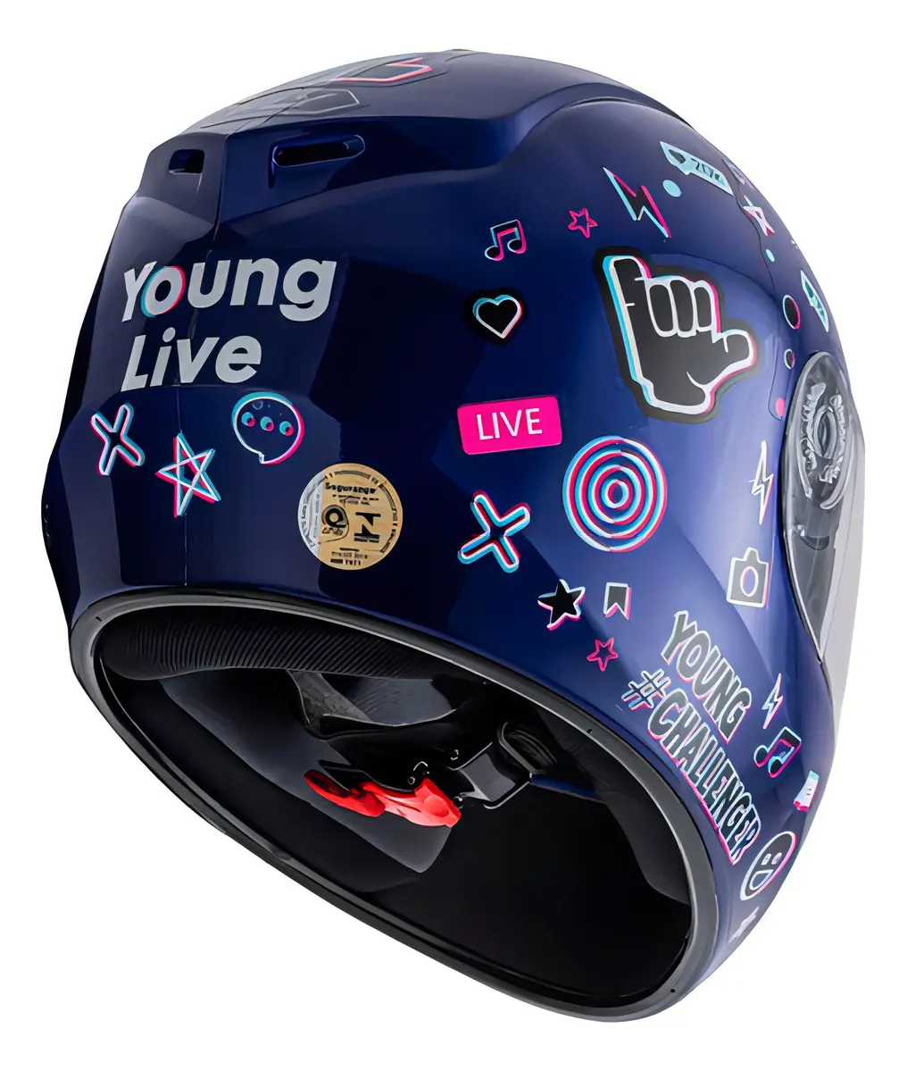 Capacete Fly Young Live Azul - traseira com logo Young Live e stickers coloridos