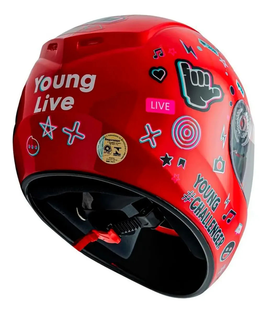 Capacete Fly Young Live Vermelho - traseira com logo Young Live e stickers