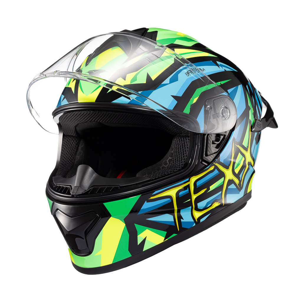 Capacete TEXX Spihe Maasai Verde/Azul - Vista lateral com viseira aberta