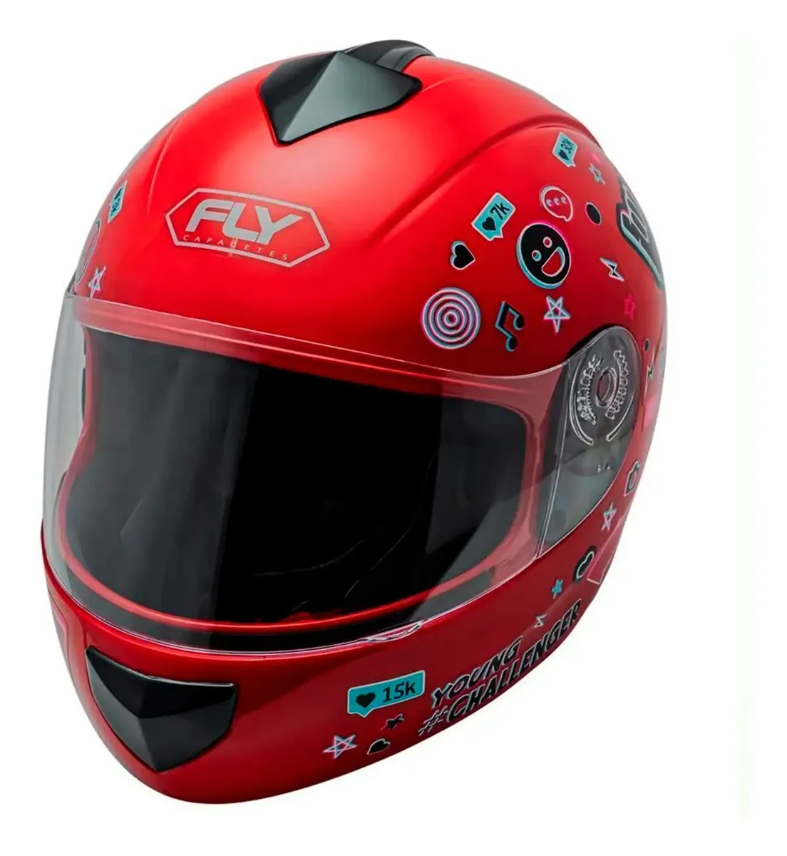 Capacete Fly Young Live Vermelho - frontal com logo FLY e viseira fumê